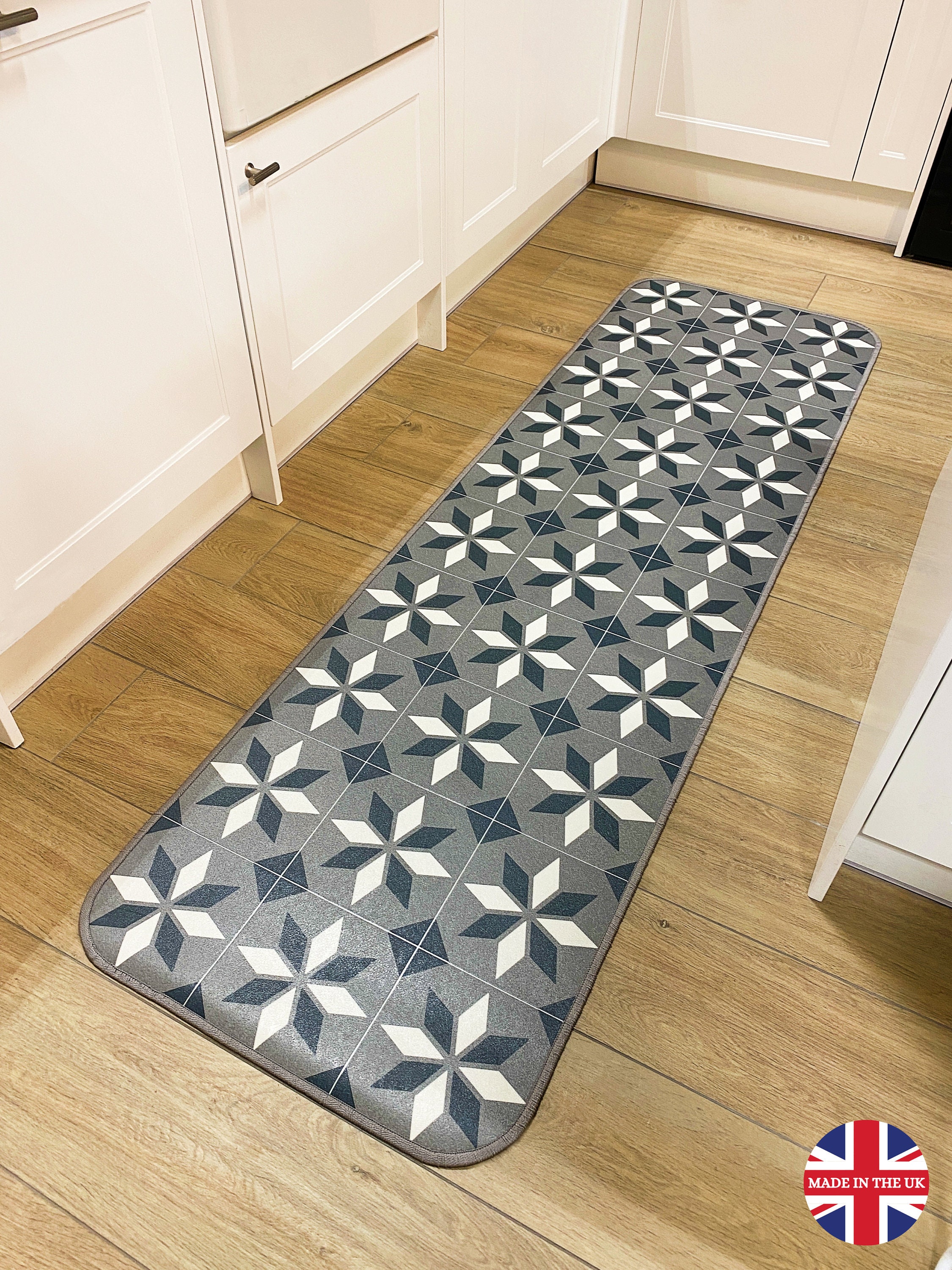 Vinyl Area Rug in Grey Geometric Pattern, Decorative Linoleum Mat, PVC  Kitchen Runner Rug, Victorian Tile Design Floor Mat for Hallways 