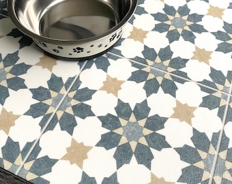 Dog and Cat Feeding Mat, Easy Clean Pet Bowl Vinyl Mat, Large Blue and White Moroccan Tile Effect Runner