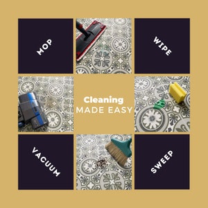 May include: A collage of images showing different cleaning methods, including vacuuming, sweeping, mopping, and wiping. The text "Cleaning MADE EASY" is in the centre of the image.