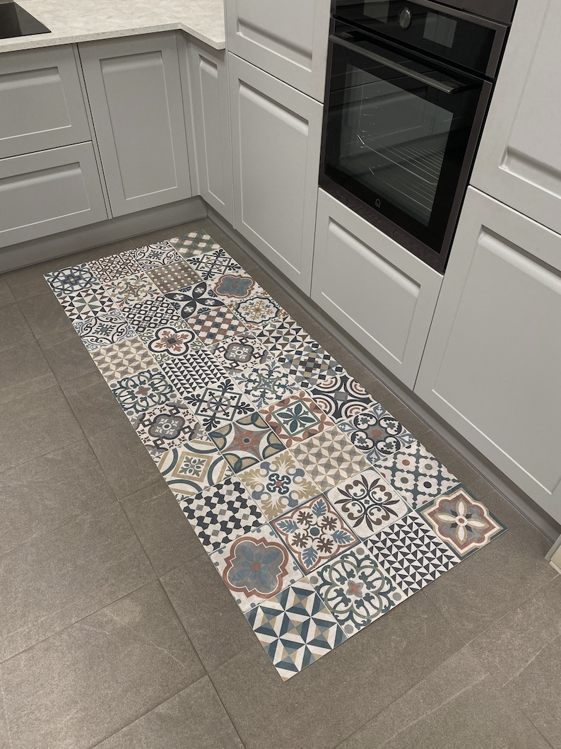 Moroccan Vinyl Rug Runner in Tile Effect Pattern For Kitchen, Hallway and Bathroom Floors, Decorative Linoleum PVC Mat Marrakesh image 10