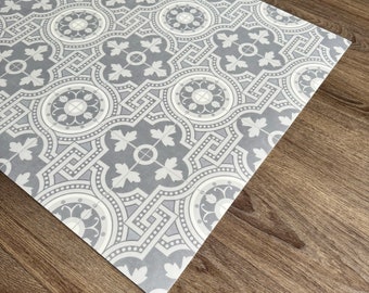 Grey Vinyl Floor Cloth Runner Mat in Moroccan Pattern for Kitchen and Hallway Floors