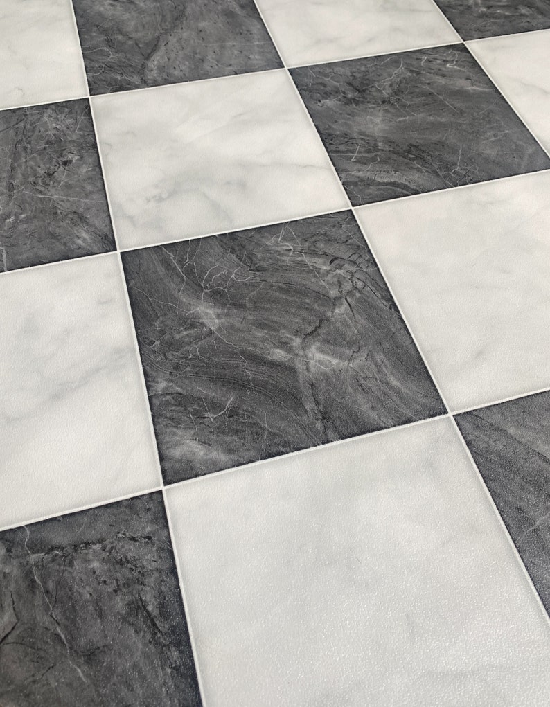 Checkerboard Vinyl Runner Rug in Black and White Marble Tile - Etsy