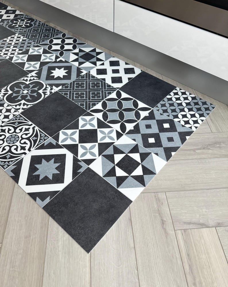 Geometric Vinyl Floor Mat in Black, Grey and White, Cushioned Moroccan