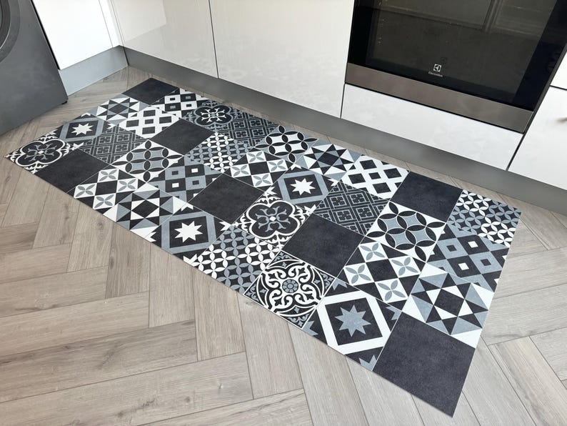 Geometric Vinyl Floor Mat in Black, Grey and White, Cushioned Moroccan