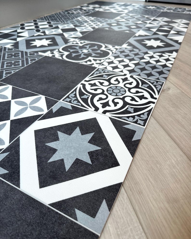 Geometric Vinyl Floor Mat in Black, Grey and White, Cushioned Moroccan