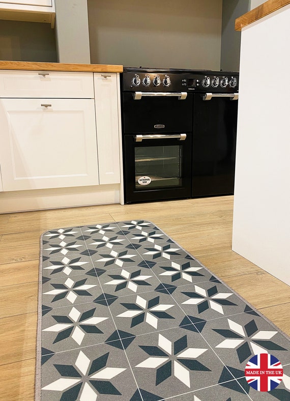 Grey Runner Mat in Victorian Tile Design Kitchen Vinyl Floor 