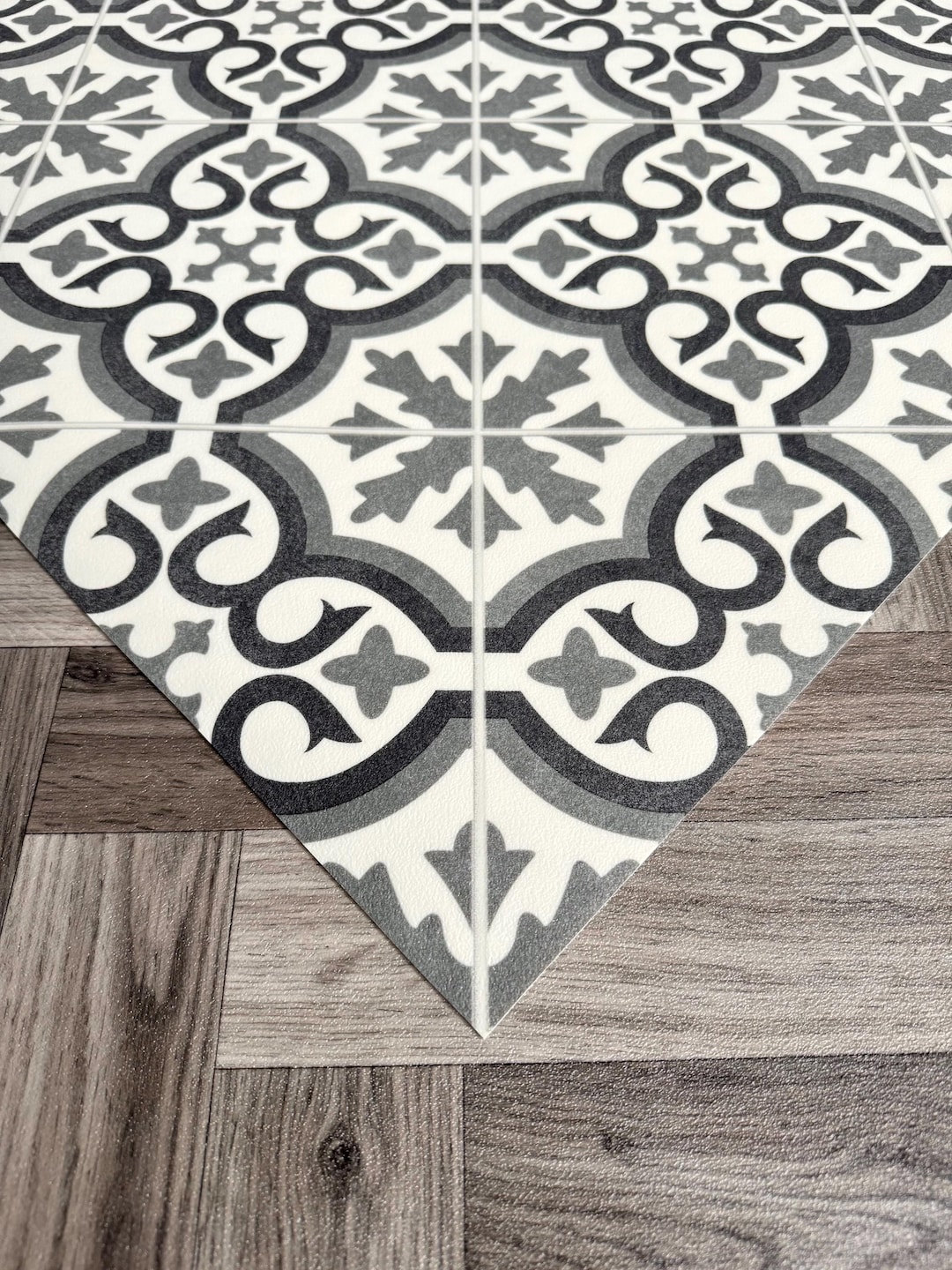 Tile Mat Rug Grey Vinyl Runner Floor Mat | Waterproof Kitchen Rug in Moroccan Tile ...