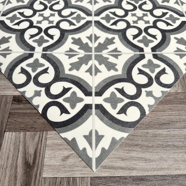 Alfombra de cocina con efecto azulejo, gris y blanca, estilo marroquí, decorativa de linóleo.