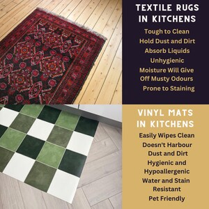 May include: The image contrasts a red and black patterned textile rug with a green, white, and black checkered vinyl mat. Text highlights the benefits of vinyl mats in kitchens, including easy cleaning and stain resistance.