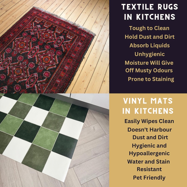 May include: The image contrasts a red and black patterned textile rug with a green, white, and black checkered vinyl mat. Text highlights the benefits of vinyl mats in kitchens, including easy cleaning and stain resistance.