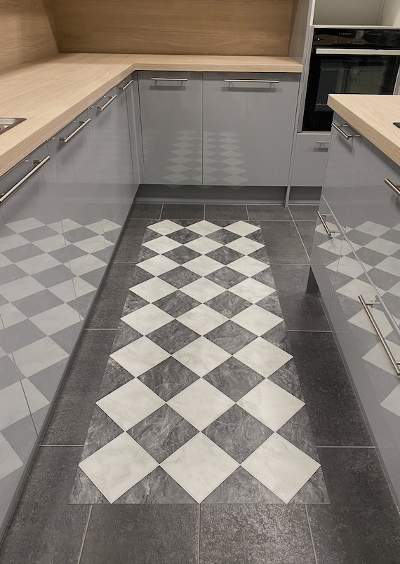 Grey Tiles Floor Mat, Large Vinyl Floor Mat, Vinyl Area Rug, Linoleum Floor  Tiles, Dining Room Rug, Kitchen Floor Runner, Kitchen Table Rug 
