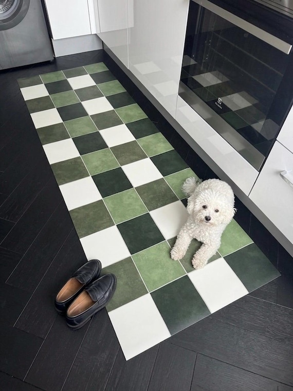 Green Checkerboard Runner Floor Mat - Wipe Clean Vinyl Rug for Kitchens