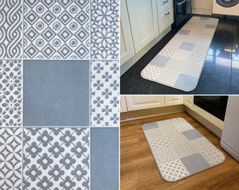 Vinyl Floor Mat in Moroccan Tile Design, Kitchen Runner Rug, Linoleum Flooring Mat, Grey PVC Bathmat - Agadir