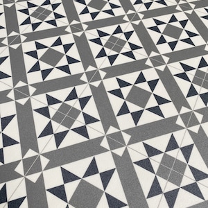 Vinyl Area Rug in Grey Geometric Pattern, Decorative Linoleum Mat, PVC Kitchen Runner Rug, Victorian Tile Design Floor Mat For Hallways