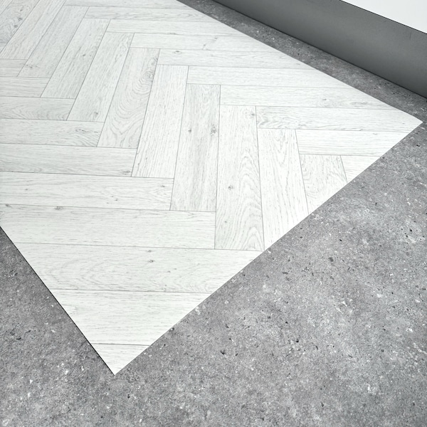 Vinyl Runner Rug in White Herringbone Pattern, PVC Vinyl Floor Mat in Parquet Design For Kitchens, Bathrooms and Hallways