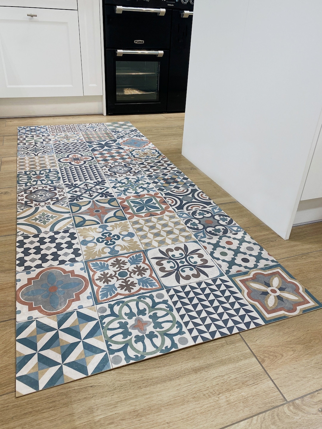 Blue Kitchen Rug Printed on Vinyl Floor Mat. Spanish Tiles 