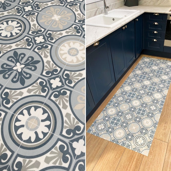 Alfombra de vinilo para cocina con diseño de azulejos mediterráneos,  alfombra de linóleo, alfombra de suelo de PVC azul, alfombra de lino para  baño grande Madrid -  México