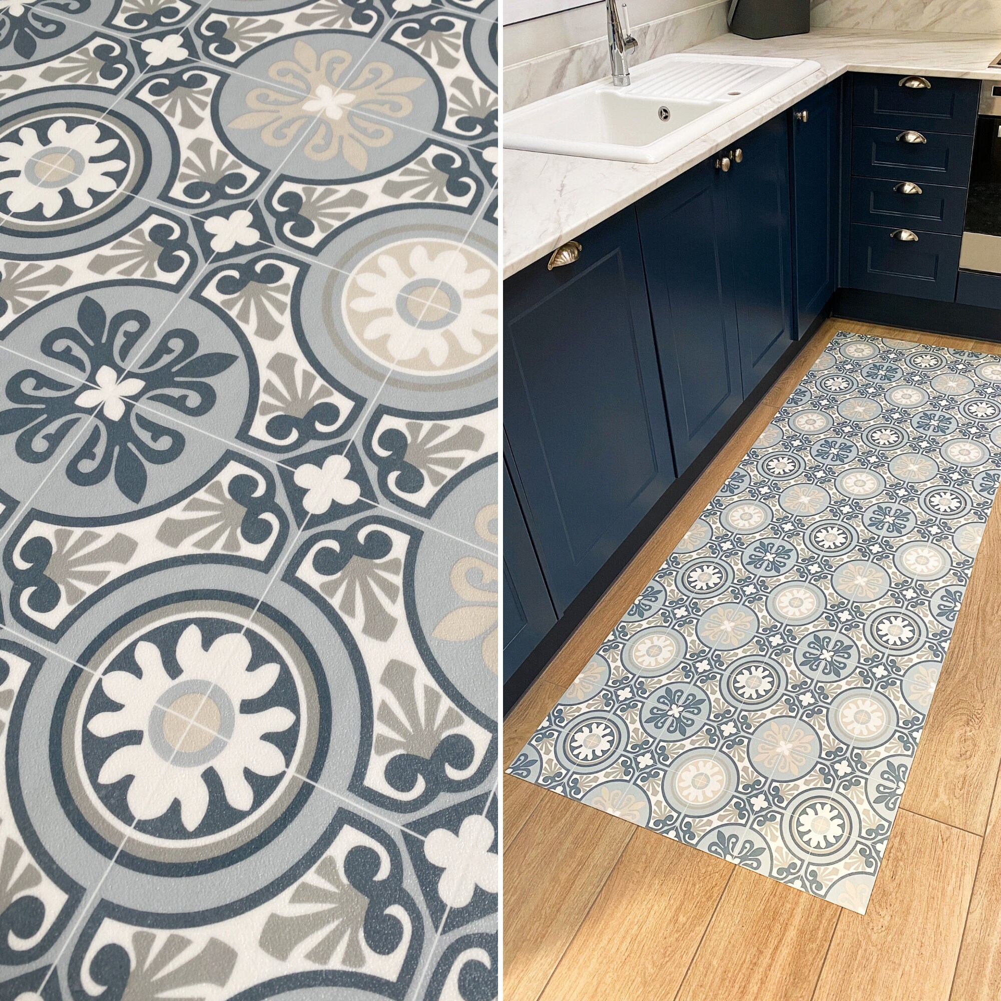 Vinyl Floor Mat for Your Kitchen, With Decorative Tiles in Blue. Spanish  Style Kitchen Mat, Bath Mat, Pet Mat, Kitchen Decor. 