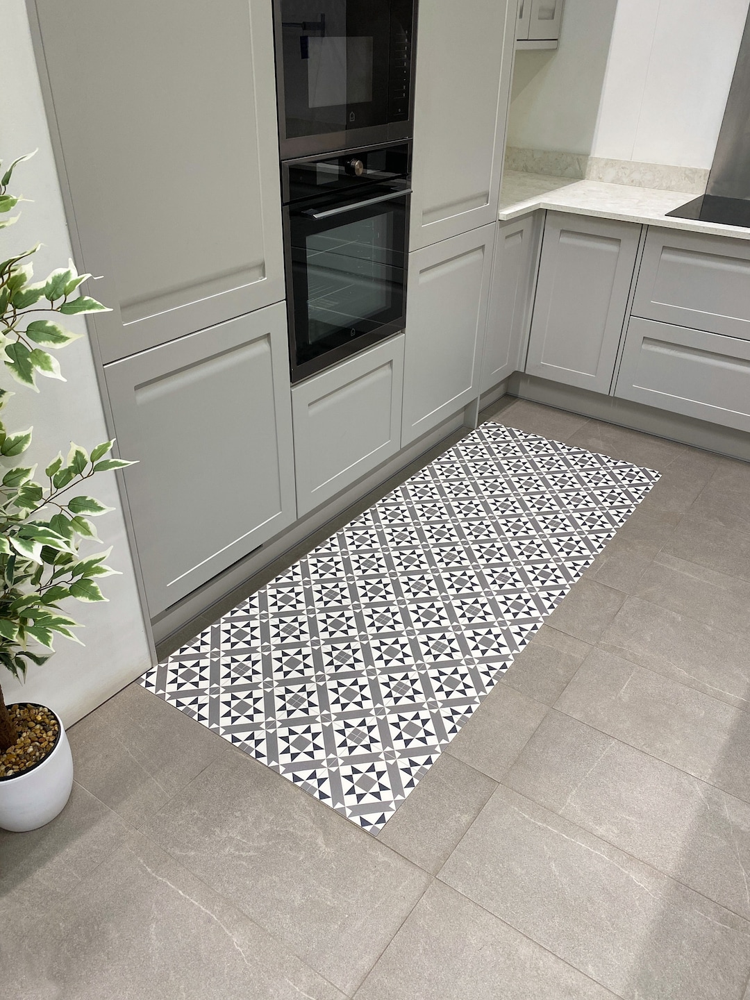 Vinyl Floor Runner Rug in Grey Tile Design, Kitchen Decor Mat, PVC