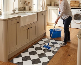 Puede incluir: Una alfombrilla rectangular con un patrón de cuadros blancos y negros. La alfombra está colocada sobre un suelo de madera en una cocina, junto a una fregona y un cubo azules. El diseño consiste en formas de rombo oscuras y claras.