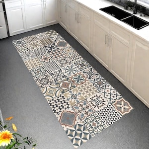 Alfombra de vinilo con diseño de azulejos marroquíes, alfombra de cocina, alfombra de linóleo, alfombra marroquí multicolor, alfombra decorativa - Marrakech