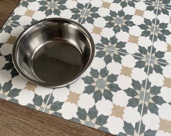 Vinyl Pet Floor Mat in Green Moroccan Tile Pattern For Dog Water and Feeding Bowls