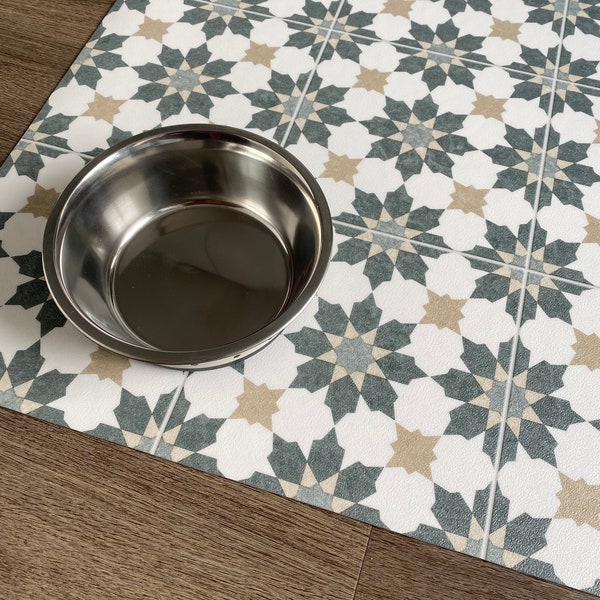 Vinyl Pet Floor Mat in Green Moroccan Tile Pattern For Dog Water and Feeding Bowls