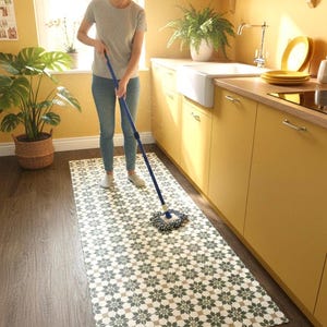Kitchen Runner Floor Mat in Green and White Geometric Star Tile Pattern, Decorative Moroccan Style Vinyl Rug image 3