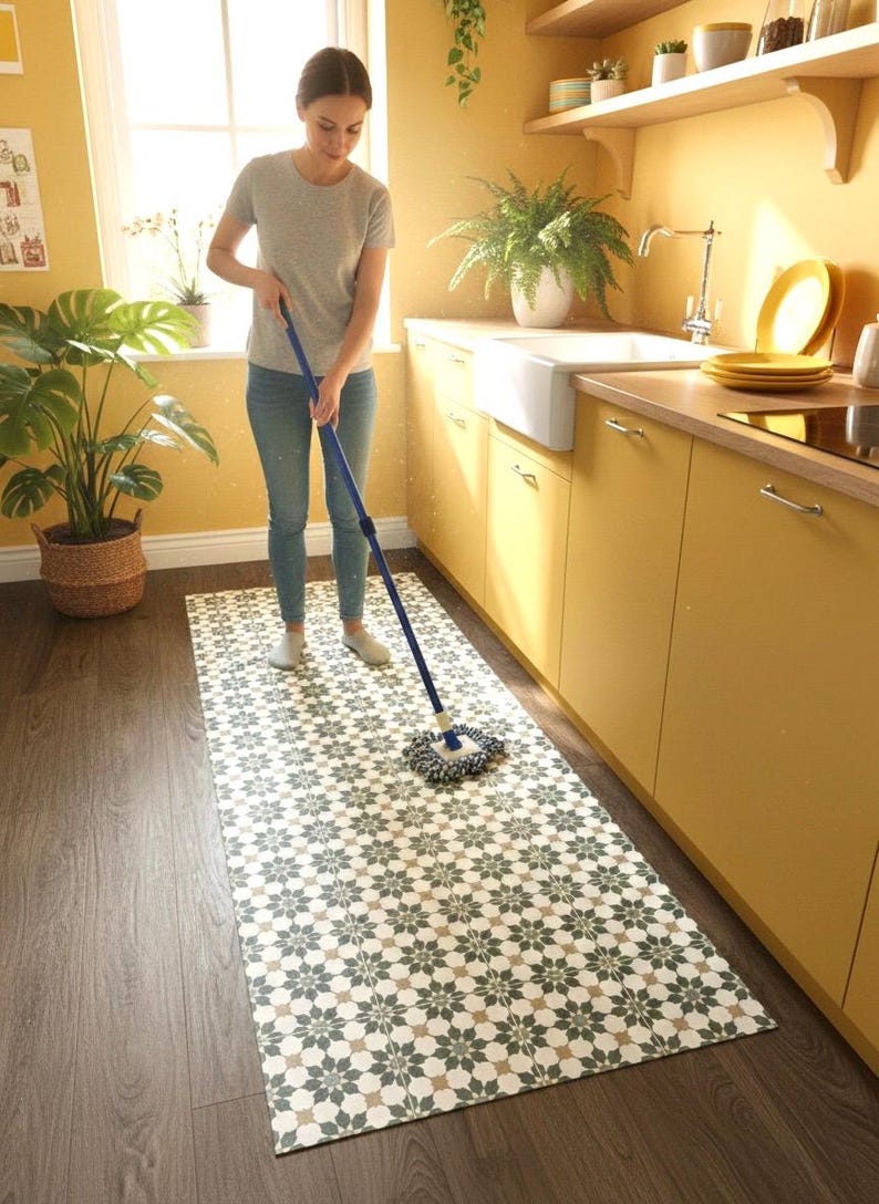 Kitchen Runner Floor Mat in Green and White Geometric Star Tile Pattern, Decorative Moroccan Style Vinyl Rug image 3