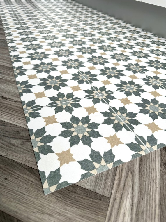 Kitchen Runner Floor Mat in Green and White Geometric Star Tile Pattern, Decorative Moroccan Style Vinyl Rug