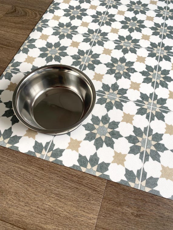Green Pet Bowl Placemat, Cat and Dog Feeding Mat, Large Moroccan Tile Effect Vinyl Runner
