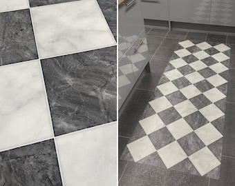 Chequered Kitchen Floor Mat in Black and White Marble Tile Design, Decorative Vinyl Runner Rug, Retro Linoleum Mat