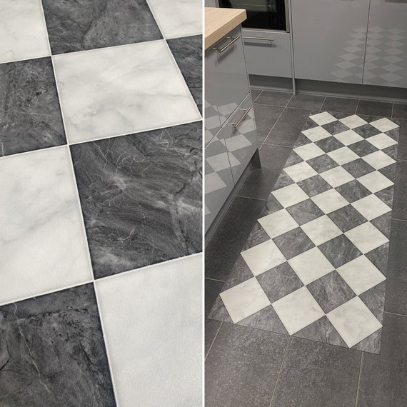 Chequered Kitchen Floor Mat in Black and White Marble Tile Design,  Decorative Vinyl Runner Rug, Retro Linoleum Mat 