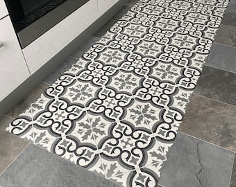 Moroccan Style Vinyl Runner Rug in Grey and White Pattern, Kitchen Floor Mat in Decorative Tile Effect Design