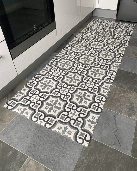 Light Gray Vinyl Runner Rug or Kitchen Runner Mat With Moroccan Tiles  Design. Vinyl Floor Mat, Pale Gray Rug Runner, Floor Runner. 