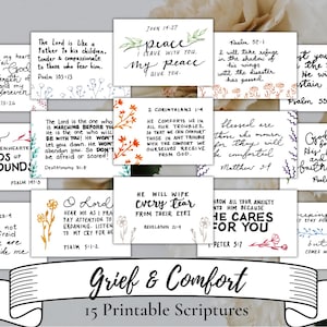 May include: A set of 15 printable scripture cards featuring a selection of comforting Bible verses. The cards are decorated with hand-lettered text and floral illustrations in shades of pink, purple, and blue. The cards are titled "Grief & Comfort" and are perfect for offering comfort and support during times of loss or sadness.