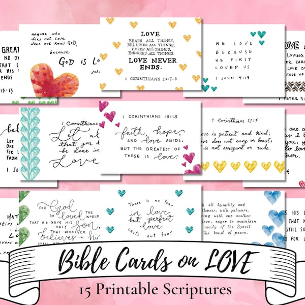 15 Bible Verses on Love | Digital download Printable notecards | Scripture Memorization | Bible journaling | Watercolor | Christian gift