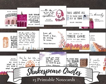 15 Shakespeare Quotes | Printable notecards | Iconic & Inspirational words by Shakespeare | Bookmark and gift | Handmade watercolor