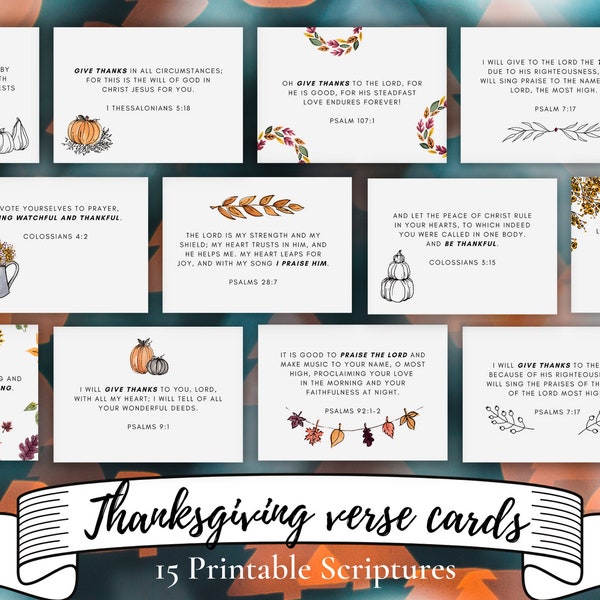15 Thanksgiving Bible Verses | Printable notecards | Scripture Memorization | Bible journaling | Handmade watercolor | Christian gift