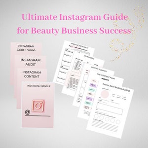 Pode incluir: Um guia imprimível para empresas de beleza para usar o Instagram de forma eficaz. O guia inclui seções para pesquisa de hashtags, inspiração de histórias, planejador de postagens, plano de conteúdo e quadro de marca.