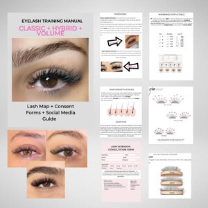 May include: Eyelash training manual featuring a close-up of a model's eye with eyelash extensions. The manual covers classic, hybrid, and volume lash extensions, lash mapping, consent forms, social media, and hair growth stages.