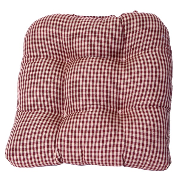 Set of 2 Premium Quality Chair Pads Tufted with a Berry wine mini check burgundy