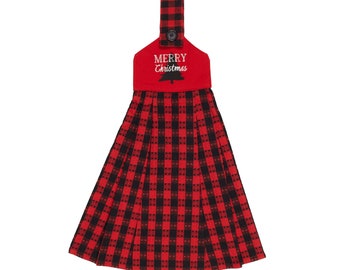 Ensemble de 2 - Serviette suspendue et bouton de cravate avec plaid gris buffle et broderie joyeux Noël