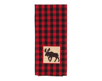 Set of 4 Tea Towels in Buffalo Red Plaid with Moose Embroidery