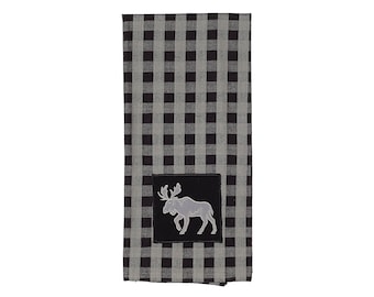 Set of 4 Tea Towels in Buffalo Grey Plaid with Moose Embroidery