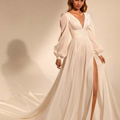 Deep V Neck White Gown for Women 