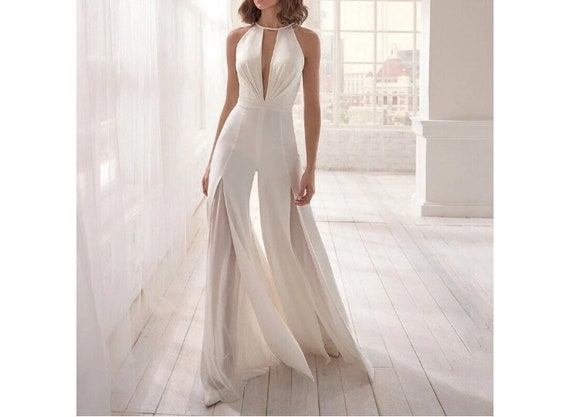 White Chiffon Halter Neck Jumpsuit 