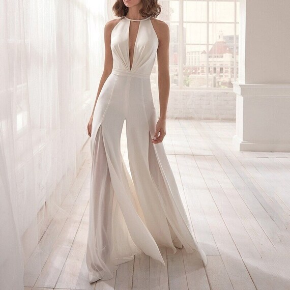 White Chiffon Halter Neck Jumpsuit 