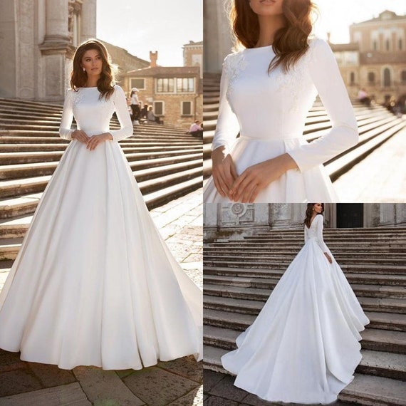 Full Sleeves Wedding Dress Satin Beaded Bridal Gown | Etsy