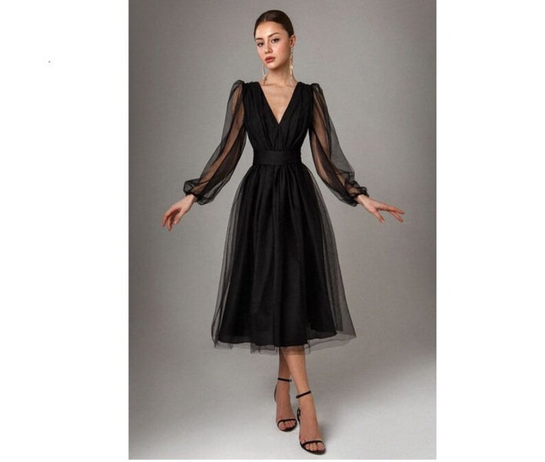 Black Mesh V Neck Dress Midi Dress for Women Prom Dress For - Etsy
